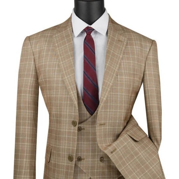 Mens 2 Button Vested Peak Lapel Plaid Windowpane Suit in Camel - Picture 1 of 2